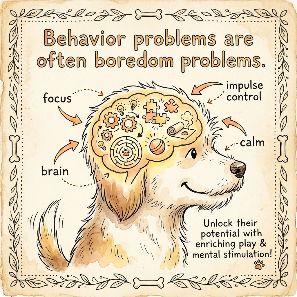 Illustration of a dog with a playful brain full of puzzle and game icons, labelled focus, impulse control and calm