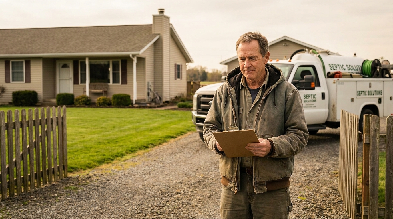 A homeowner reviews a septic service estimate outside a rural home