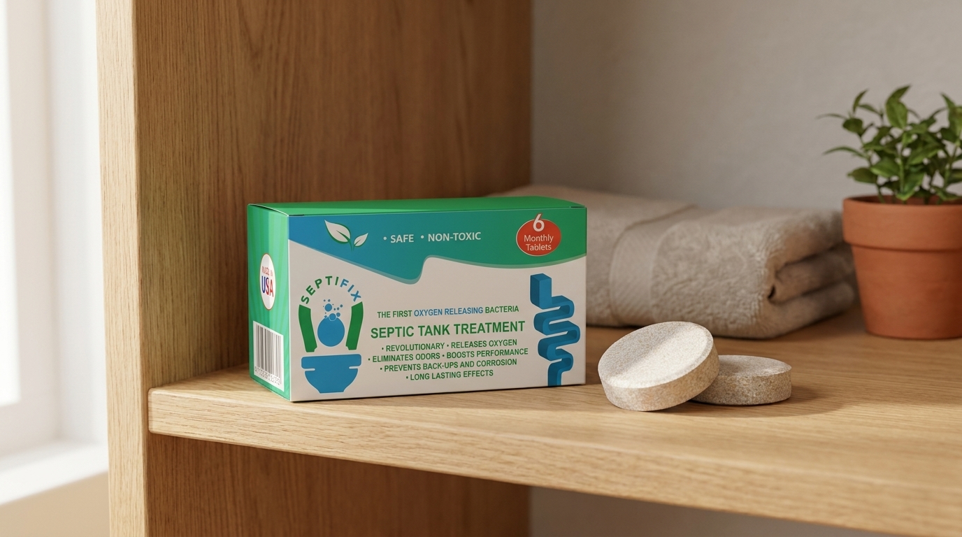 A SeptiFix septic tank treatment box with two dissolvable tablets on a wooden shelf in a home utility area